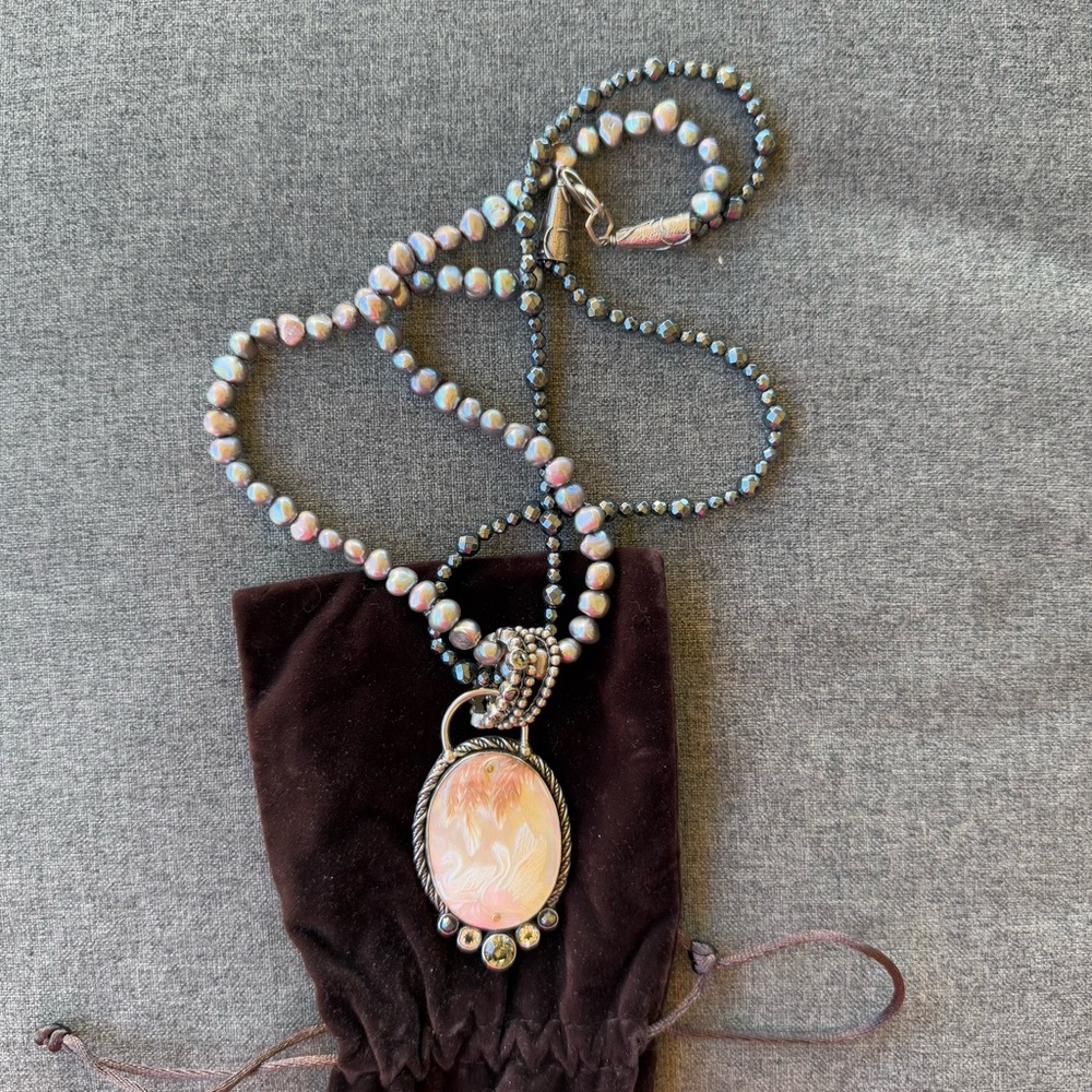 Mars and Valentine Pearl and Hematite Beaded Necklace Swan Carved Pendant 18"